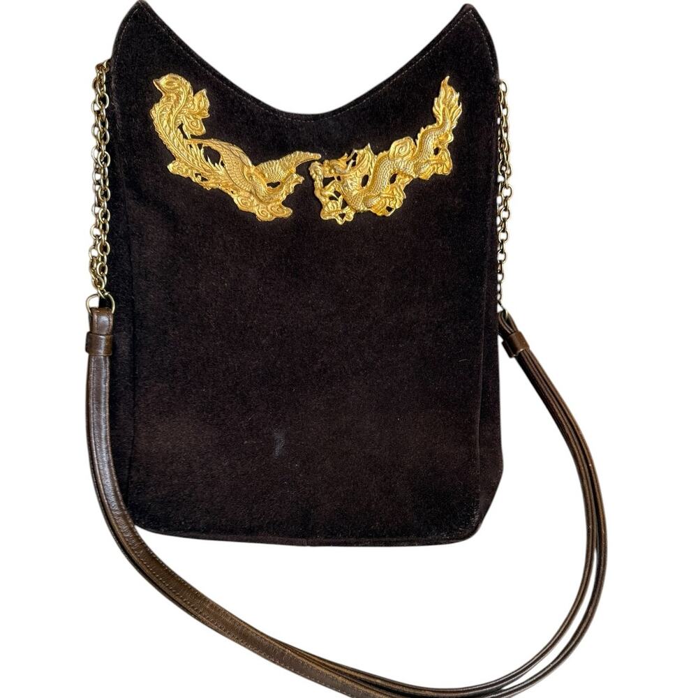 Vintage 60s Shoulder Bag Chocolate Brown Suede Phoenix & Dragon Accent